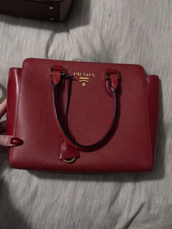 Prada Handbags - Prada Red Saffiano Satchel with Gold Hardware